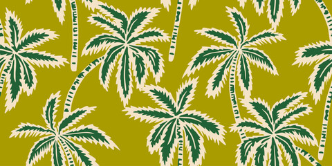 Tropical seamless pattern with hand drawn palm trees. Hawaiian florals summer background for fabric, textiles, clothing, poster, cover, decoration, banner, wallpaper, interior. Vector illustration.