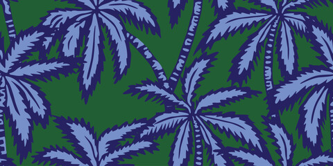 Tropical seamless pattern with hand drawn palm trees. Hawaiian florals summer background for fabric, textiles, clothing, poster, cover, decoration, banner, wallpaper, interior. Vector illustration.