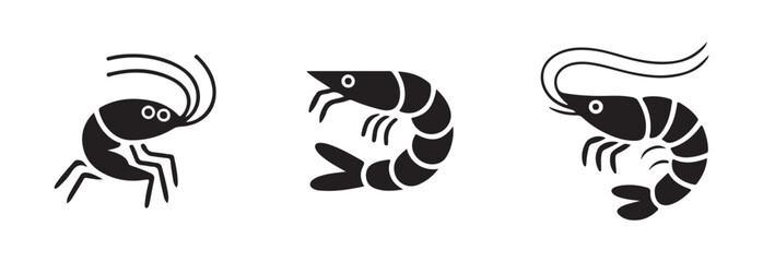 Variety of three black silhouette icons depicting different shrimp or prawn species in various stylized positions