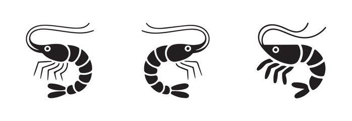 Set of three stylized black shrimp icons in different curved positions for restaurant menu or seafood graphic elements