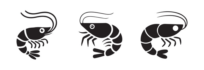 Set of three black vector graphics depicting shrimp with stylized curved bodies and prominent antennae for recipes