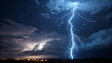 Dramatic night sky lightning strike over dark landscape