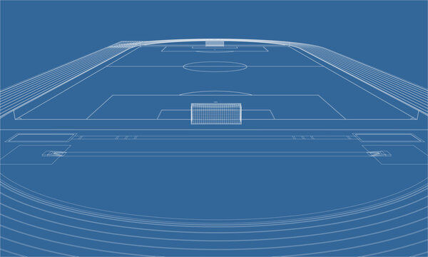 Behind Goal Post View of Soccer Football Field Wireframe