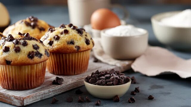 Delicious Chocolate Chip Muffins Freshly Baked With Ingredients Nearby Keywords: muffin, chocolate chip muffin