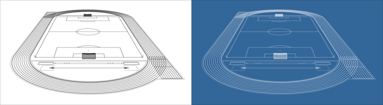 Low Angle Perspective of Soccer Football Field Wireframe Illustration