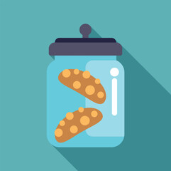 Glass cookie jar filled with chocolate chip cookies on a blue background