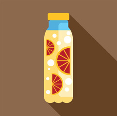 Bottle of fresh citrus fruit juice with bubbles on a brown background