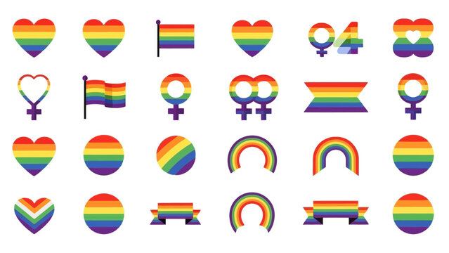Collection of Rainbow Pride Icons: Hearts, Flags, Symbols, and Ribbons for LGBTQ+