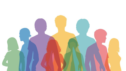 Diverse Group of People Silhouettes in Colorful Overlapping Layers Against White Background