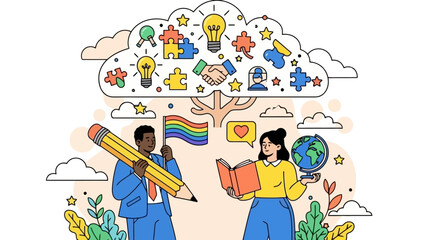 Diverse People Collaborate on Ideas and Global Education with Creative Symbols