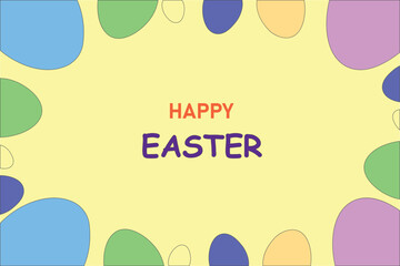 Bright and cheerful Easter card design featuring colorful eggs on a yellow background with Happy Easter text in the center.