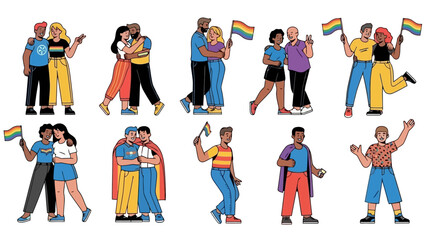 Diverse Group of People Celebrating Pride Month with Rainbow Flags - Vector Art