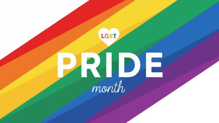 Vibrant Rainbow Pride Month Text and Heart with LGBT Symbol Overlay