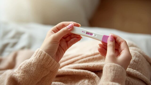 Woman holding positive pregnancy test with two pink lines and soft focus background Keywords: pregnancy test