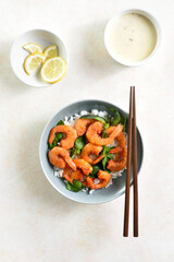 Roasted prawn with basil leaves and rice