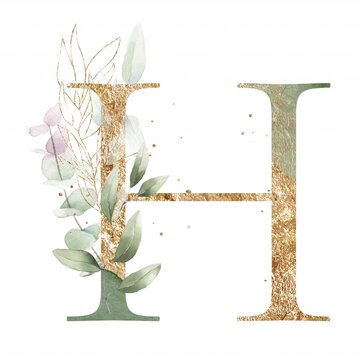 Letter H alphabet initial letter watercolor greenery foliage with line art delicate animation romantic illustrated alpha mask animation golden