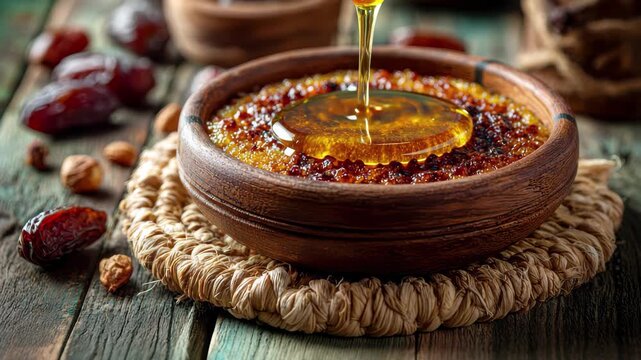 Honey drizzling onto caramelized dessert in wooden bowl with dates and nuts Keywords: dessert, caramelized, creme