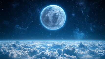 Fototapeta premium Radiant Full Moon Shines Above a Starry Night Sky and Clouds