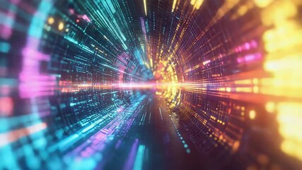 Abstract tunnel representing fast data transmission and communication through a vibrant, glowing digital network, symbolizing connectivity and technology - Powered by Adobe