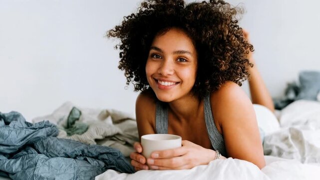Cheerful young woman with curly hair relaxes in cozy bed holding hot drink and smiling warmly in soft morning light home comfort and slow lifestyle