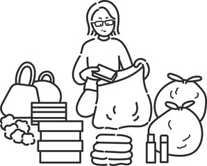 断捨離、不用品を処分する40代女性のイラスト　線画のみ