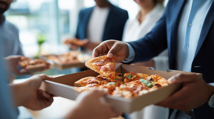 Close-up shot of diverse business colleagues' hands taking pizza slices from delivery box during office celebration, team lunch gathering, defocused workplace, with copy space