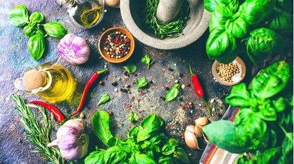 Fototapeta premium spice. Assorted fresh Asian ingredients on rustic stone, vibrant colors and natural styling in overhead view. menu design.