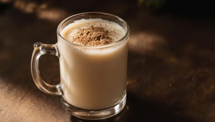 A refreshing glass of creamy beverage with a sprinkle of cinnamon on top.