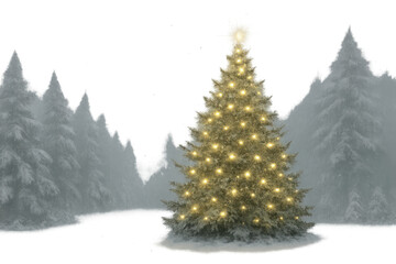 Obraz premium Christmas tree glowing in winter forest landscape, illuminated by festive lights, celebrating holiday season, transparent background