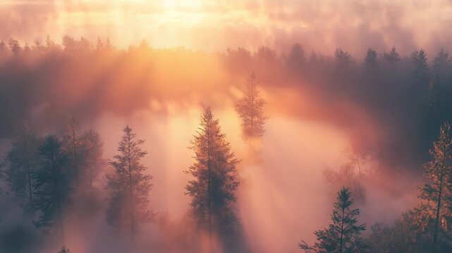 Dense fog hovering over a forest of pine trees, with golden sunbeams breaking through the mist during an early morning sunrise, creating an ethereal and peaceful natural landscape
