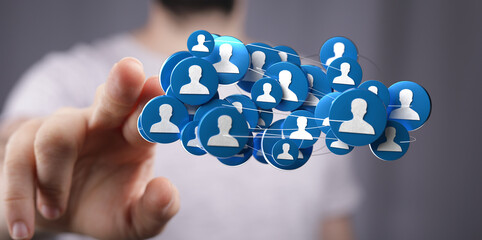 Image of person touching a network of connected human icons symbolizing social networking, teamwork and communication