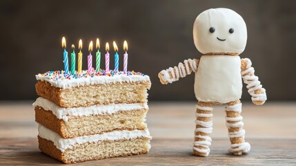 Cute Treat Character Standing Next to a Birthday Cake with Lit Candles