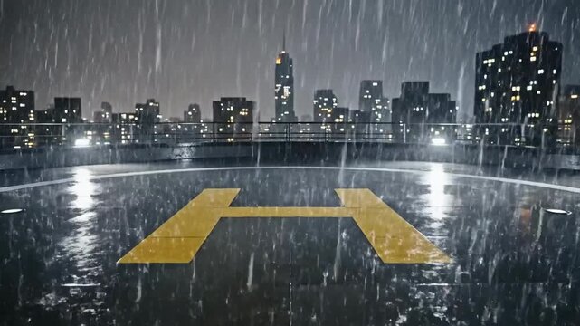 Dramatic Rainy Night Cityscape on Rooftop Helicopter Pad During Bad Weather Condition