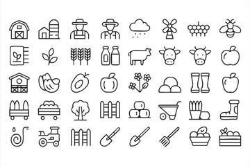 Farm Tools and Crops Icons for Digital UI Systems