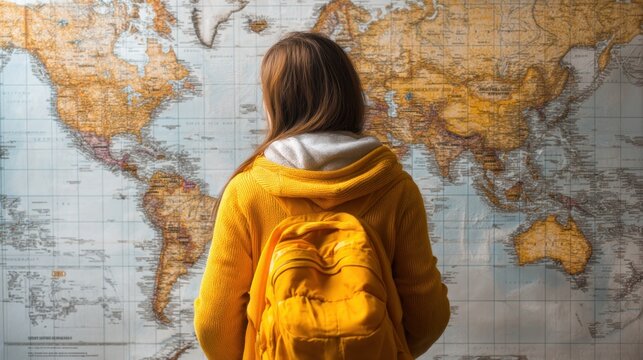 A woman wearing a yellow jacket and backpack stands in front of a world map. She looks at the map with a sense of curiosity and adventure