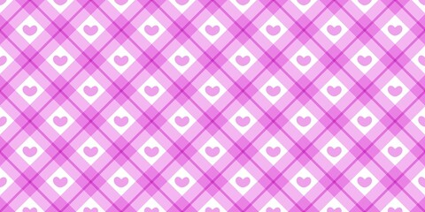 Purple and pink diagonal gingham plaid pattern with tiny hearts, perfect for romantic, feminine, or kawaii-themed designs, suitable for invitations, packaging, and digital backgrounds.