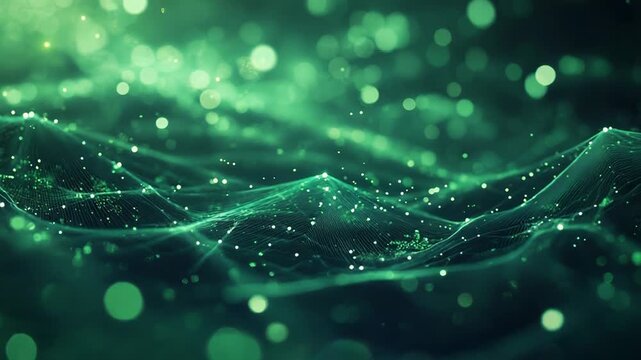 Green glowing network of interconnected lines and particles forming an abstract wave pattern, representing data flow, communication, and technological connections in a digital landscape