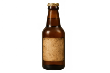 Amber beverage bottle with an aged, empty label, ideal for custom branding or vintage concepts, isolated with a transparent background