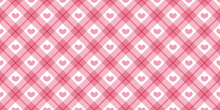 Pink and white diagonal gingham plaid pattern with tiny hearts, perfect for feminine, romantic, Valentine's Day, wedding, or baby shower invitation and packaging designs.