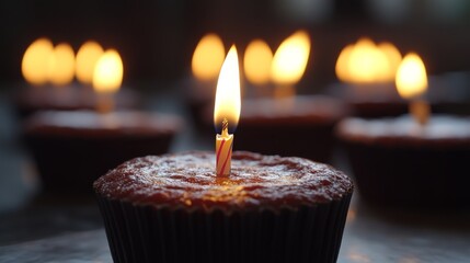 Warm glow of lit birthday candles on cupcakes