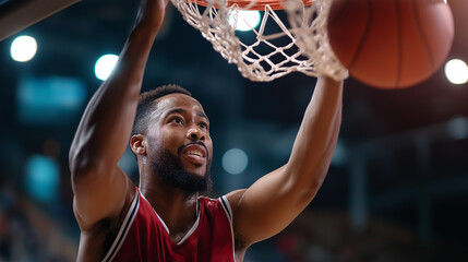 Athletic basketball player executing impressive slam dunk shot during intense college game, sports action photography, dynamic court movement, defocused arena background, with copy