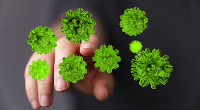 Concept of virus or disease spreading. Hand pointing at green germs. Represents contamination, healthcare, and - Powered by Adobe