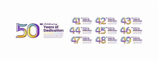 Colorful Years of Dedication Anniversary Logotype Set. 41, 42, 43, 44, 45, 46, 47, 48, 49, 50