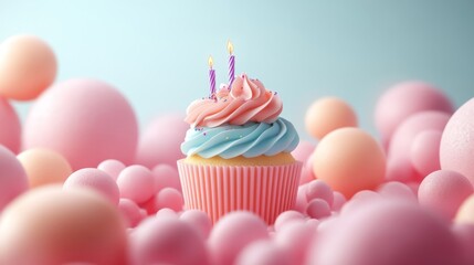 Sweet birthday cupcake with lit candles and pastel spheres