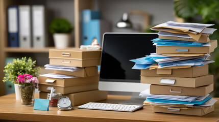 Overwhelmed workspace showing overflowing physical inbox and cluttered digital email interface, organization struggle concept, chaotic desk environment, with copy space