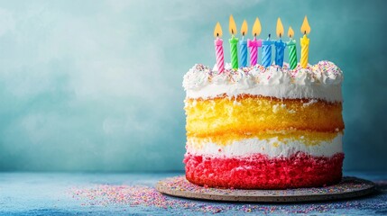Colorful birthday cake with lit candles and sprinkles on a blue background