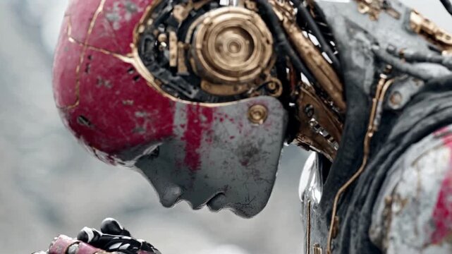 Damaged humanoid robot holding head in emotional moment