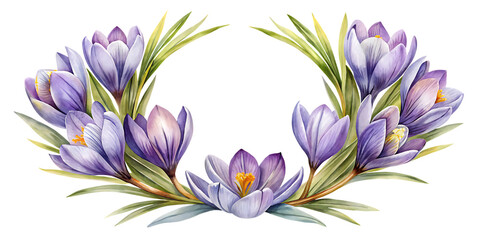 A watercolor illustration of a circular floral wreath made of purple crocus flowers and green leaves