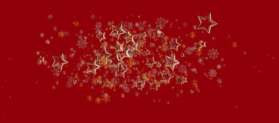 Elegant image of gold stars and snowflakes floating on a vibrant red background. Perfect for Christmas, New Year, winter holiday designs. Use fo