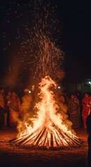 Bonfire with flames and sparks at night, surrounded by people during a celebration.